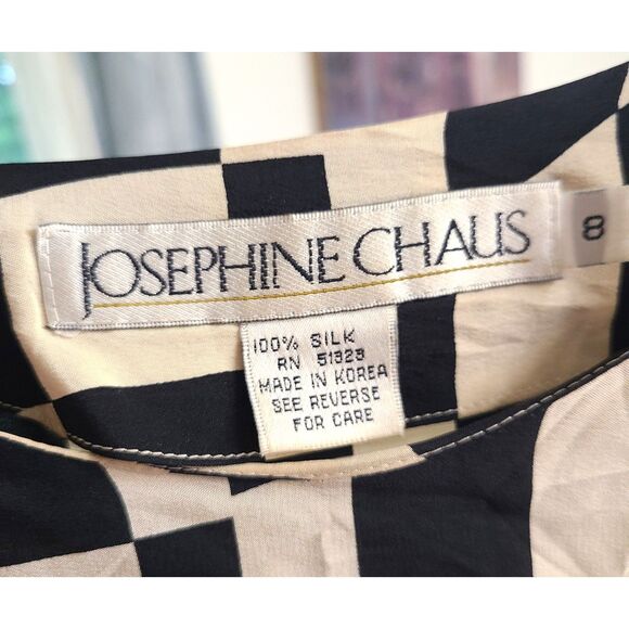 Vtg Josephine Chaus 100% Silk Black White 8 Geometric Modern Minimalist Blouse - Picture 3 of 7